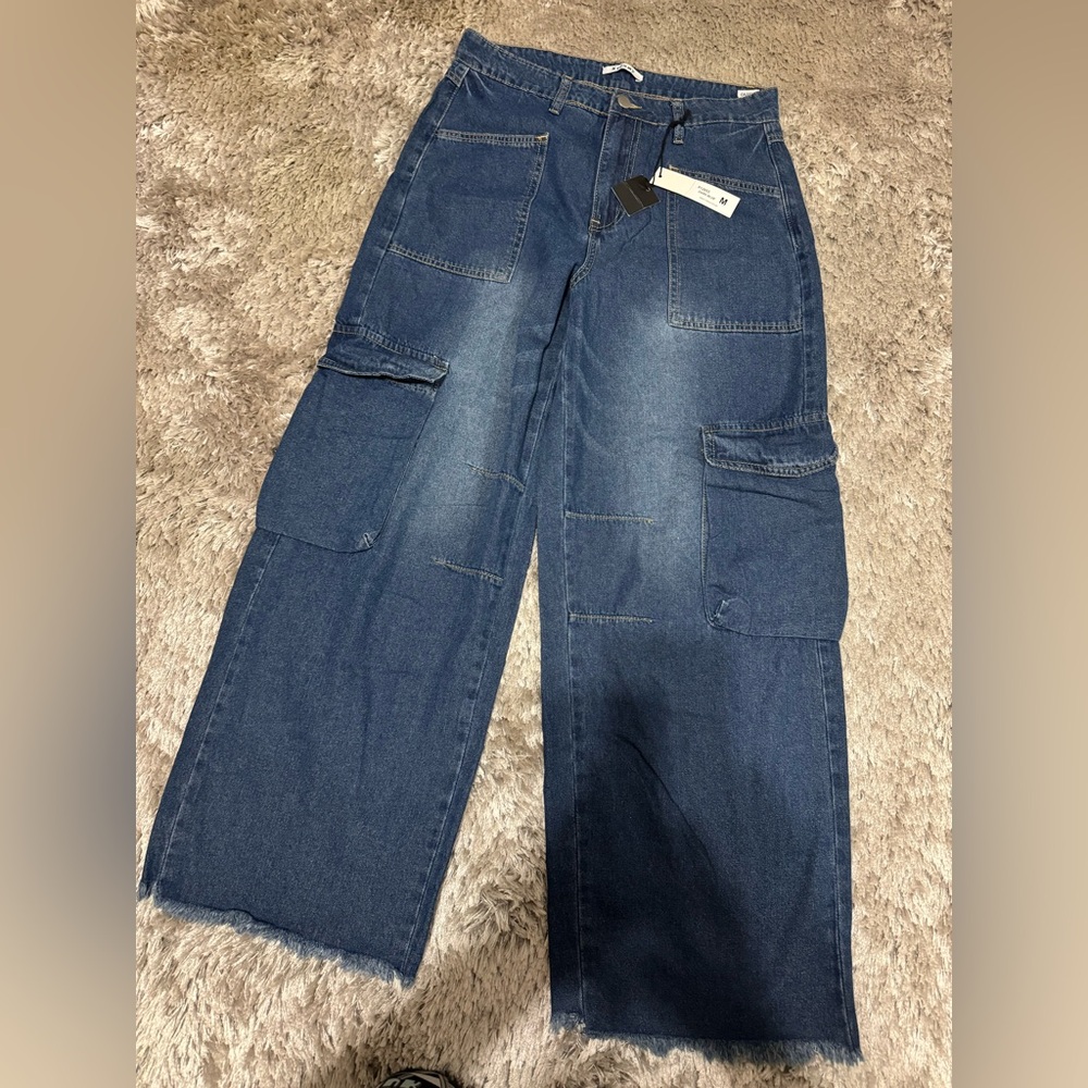 Stylish Blue Wide Leg Cargo Jeans